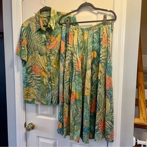 Vintage Green Tropical Pleated Midi Skirt with Coral Floral
